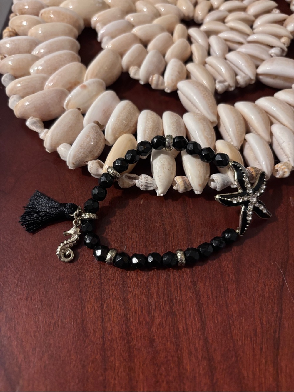 Black Beaded Starfish/Seahorse  Charm Bracelet with Tassel